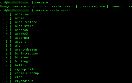 Linux terminal displaying services
